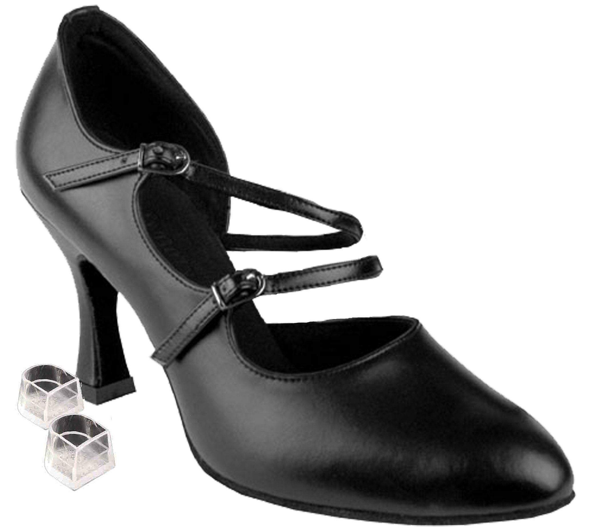 Very Fine Dance Shoes Women's Salsa Ballroom Tango Latin Dance Shoes Style PP201 Bundle with Plastic Dance Shoe Heel Protectors, Black Leather, Heel 3 Inch, 4.5 M US