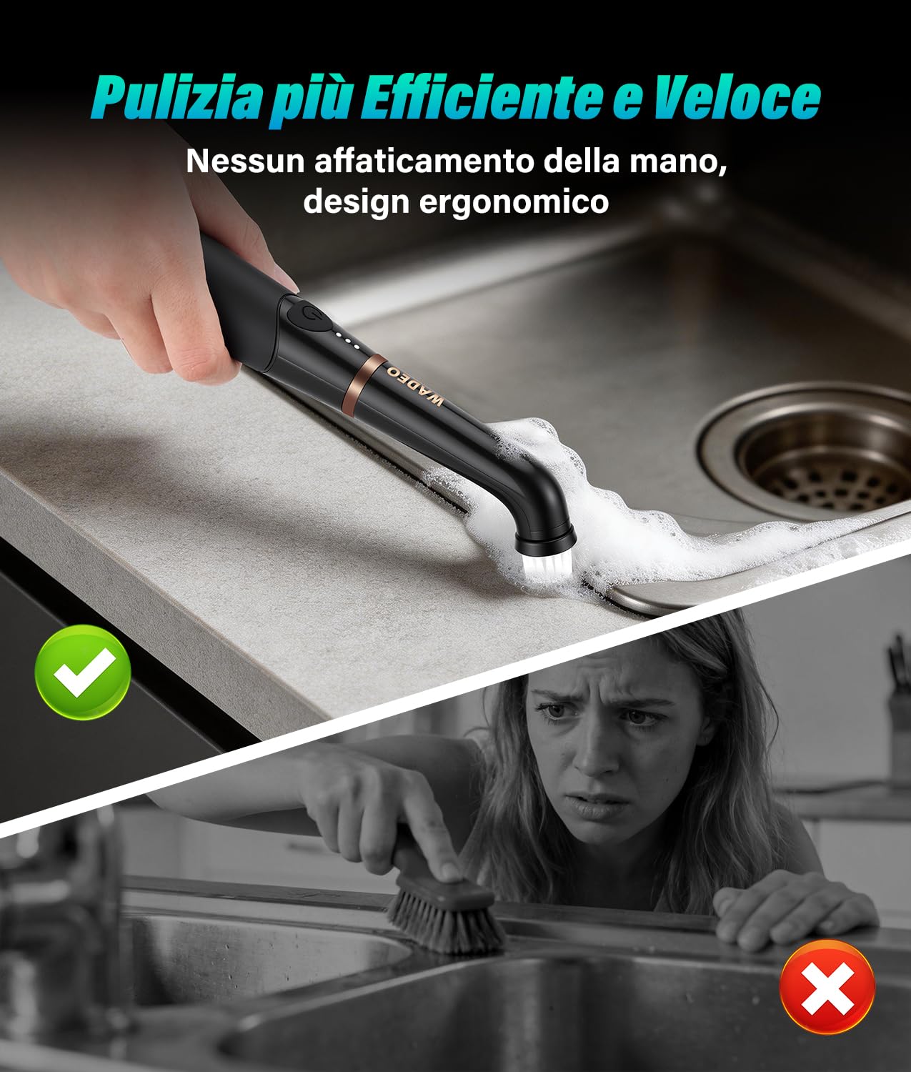 WADEO Piccola Spazzola Ricaricabile per Crepe e Piastrelle, [2600mAh] [11 Testine] 3 Velocità, IPX7 Impermeabile, Spazzola Elettrica per Bagno, Cucina, Lavandino, Vasca, Pavimento