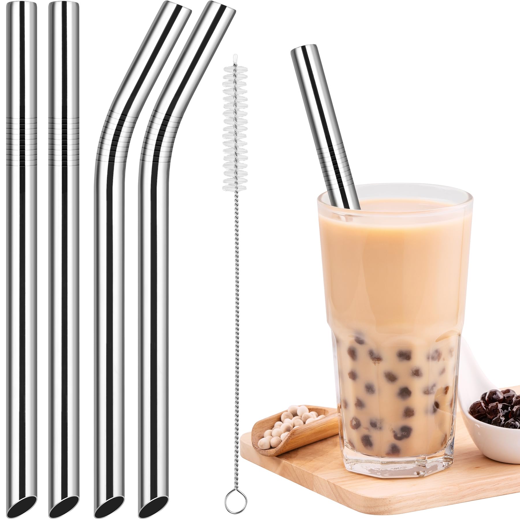 NiHome 4-Pack Stainless Steel Smoothie/Milkshake Straws, 0.5'' Extra Wide Reusable Metal Straw, Extra Long Straight & Bent Drinking Straws for Boba, Thick Beverages, Cold Drinks, 1 Brush (Silver)