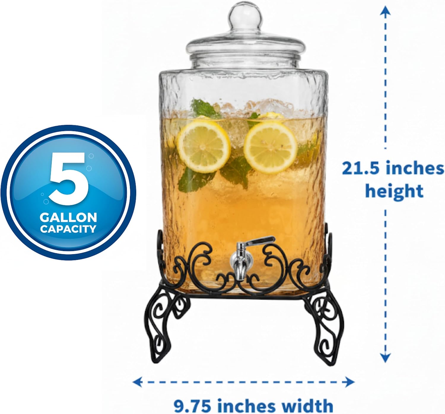 Extra Large 5 Gallon Glass Drink Dispenser with Stand and Stainless Steel Spigot – Event & Party Beverage Server for Water, Tea, Punch, and More