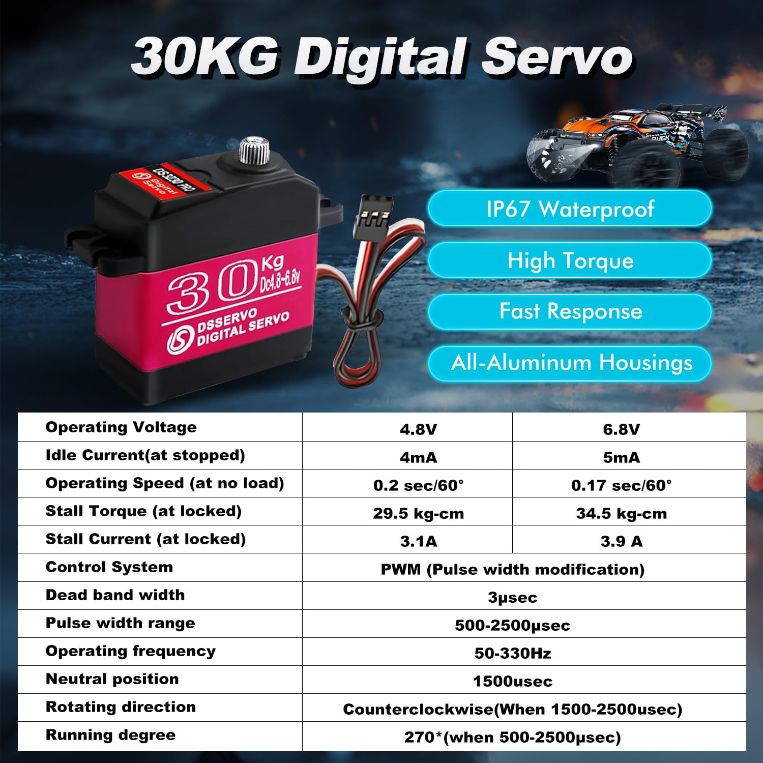 Paquete de 2 servos a control remoto de 30 kg de servo digital de alto par RC para coches RC a escala 1/10 y orugas Slash 4x4 4x4 VXL TRX-4 SCX10 III Everest-10, dirección RC Servo impermeable (2