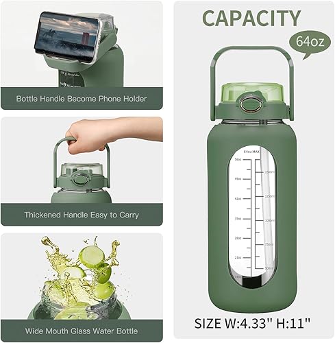 Miniatura 4 de Pernos de agua de vidrio de 64 onzas con pajilla, botella de agua motivacional grande de medio galón con marcador de tiempo, botellas de agua