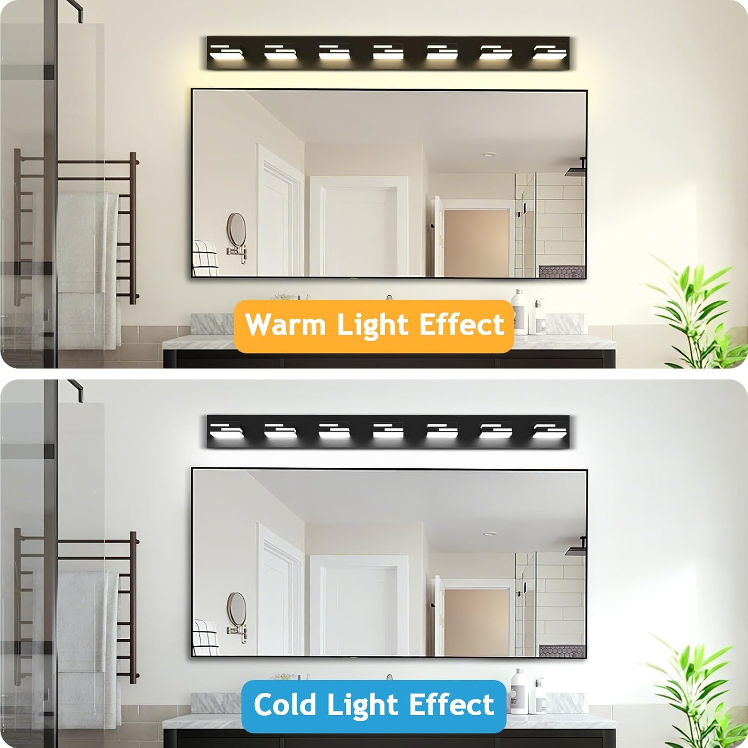 LED Modern Bathroom Vanity Light Fixtures 7-Light 48-inch 5CCT Dimmable Matte Black Vanity Lights for Bathroom Lighting Fixtures Over Mirror, with 360° Rotatable Acrylic Heads