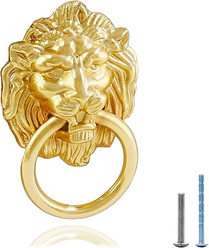 Miniatura 2 de 5 tiradores de gabinete con cabeza de león, tiradores de anillo para cajón para armario, cocina, armario, color dorado