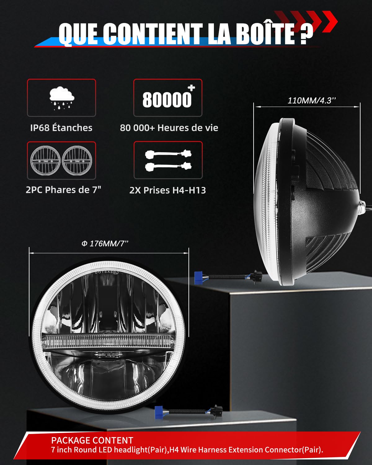 BraveWAY 7 Pouces Led Phare 60W 15000LM, 2PCS Phare Led Wrangler JK，Dot Approuvé Hi Lo Beam Blanc Ambré DRL,Câble H4-H13 Compatible Avec Wrangler JK TJ LJ CJ Hummber H1 H2,Plug and Play