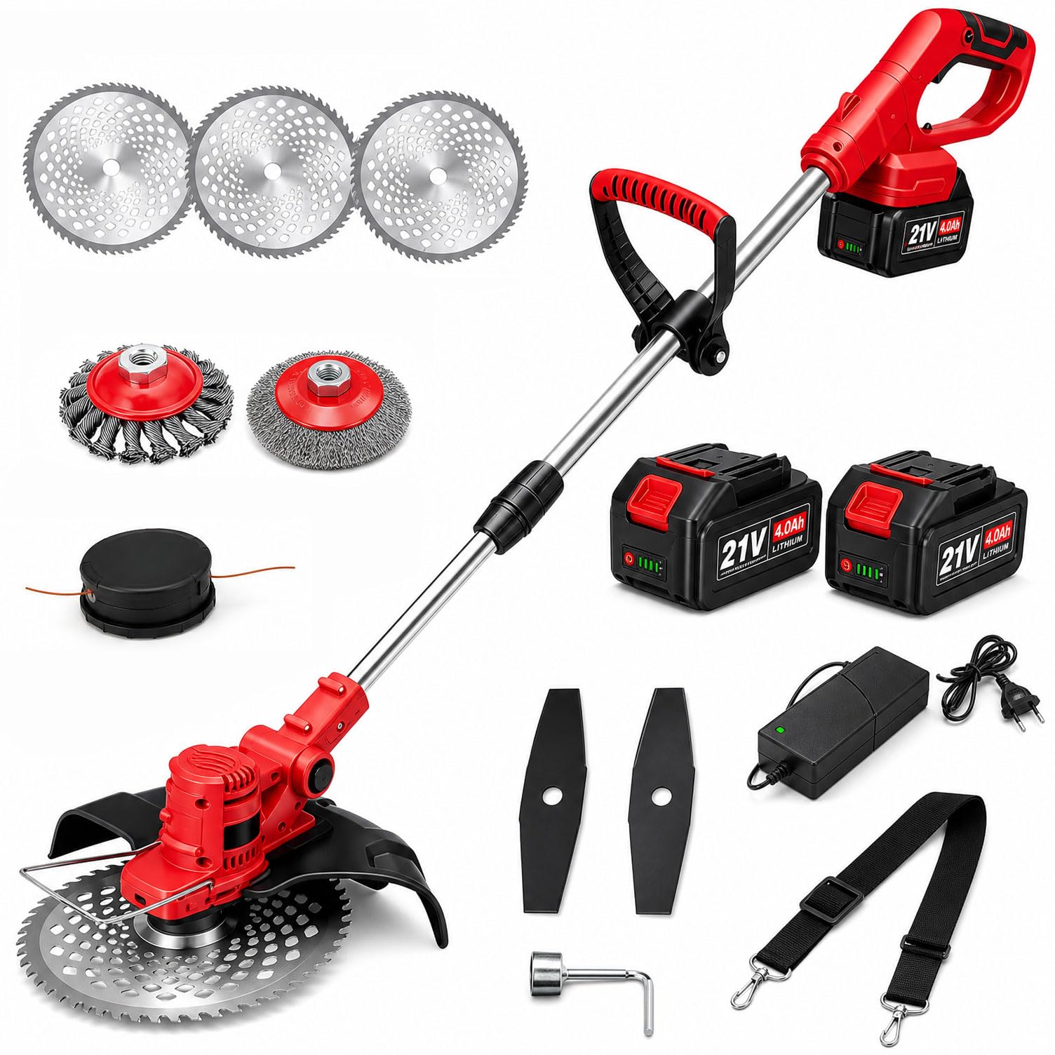 Recortadora de césped y desbrozadora con batería, 21 V, con 2 baterías, 4 tipos de cuchillas + 1 tijeras de podar, mango telescópico ajustable, para jardín, césped, bordes de acera (rojo)