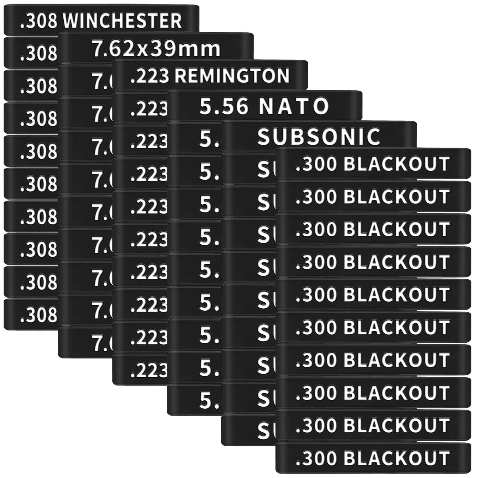 60 Pack Miaozhun Magazine Marking Bands, 5.56 NATO, .223Remington, .300 Blackout, Subsonic, 7.62x39mm, .308Winchester Magazine Caliber Identification (Black-White)