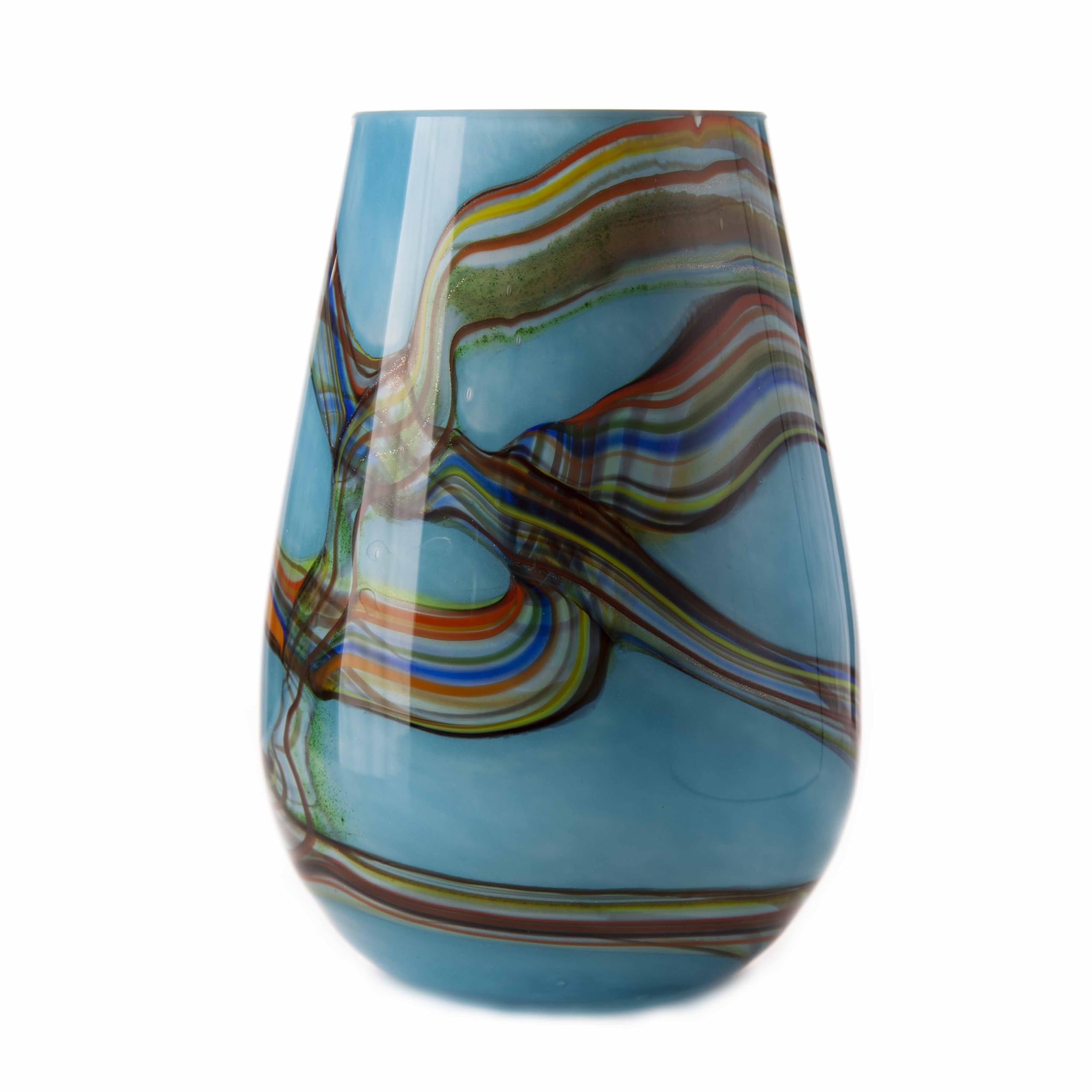 Amelia Art Glass Blue & Rainbow Ocean Medium Conical Dome Vase - Mouth Blown & Hand Decorated