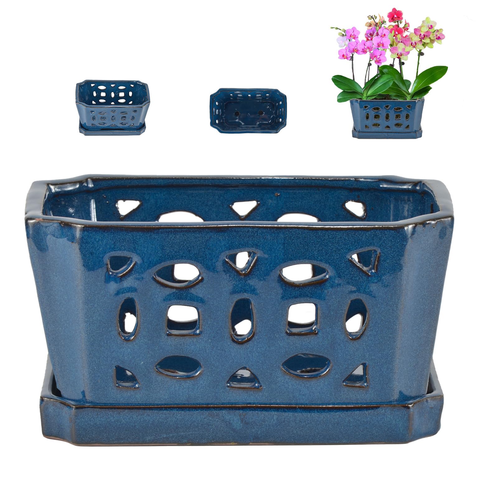 W&W Glazed Ceramic Orchid Pot Blue