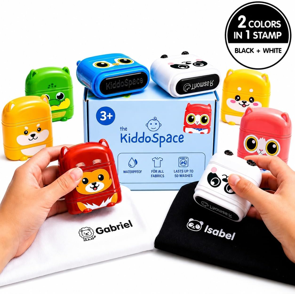 KiddoSpace Name Stamps for Kids Clothes - Kiddostamp Double Sided Customized Name Stamp - Personalised Clothing Stamps - Waterproof Name Stamp (White + Black Ink)