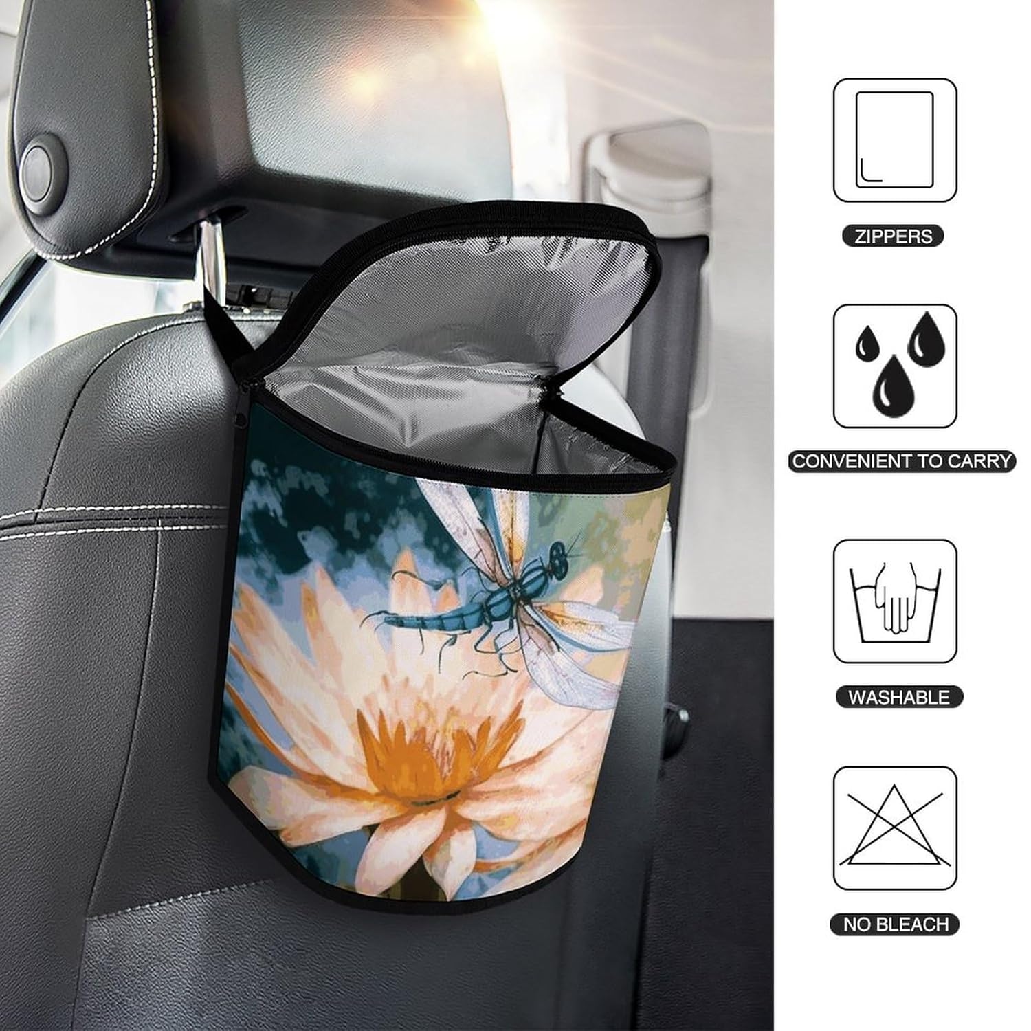 Hanging Car Trash Bag Flying Dragonflies Lily Flower Printed Car Garbage Storage Bag Leakproof Car Trash Can Portable Garbage Storage Bags