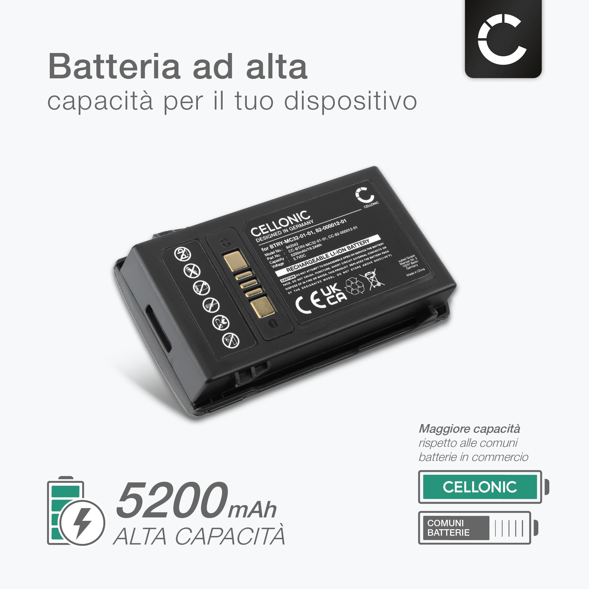 CELLONIC 1x Batteria per Scanner per codici a barra Compatibile con Zebra MC3300, MC3200, MC32N0, BTRY-MC33-52MA-01 – (5200mAh, 3.7V)