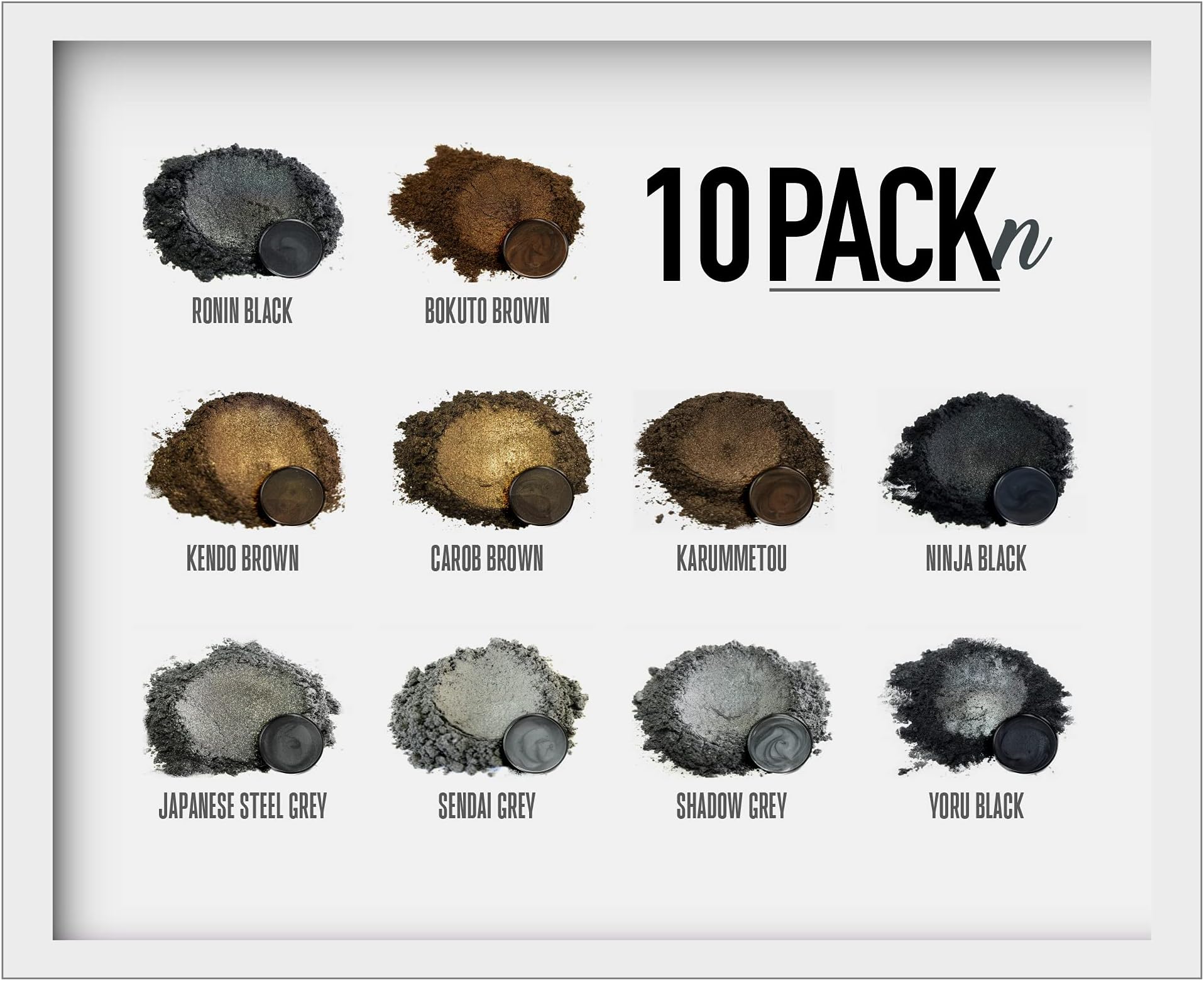 Mica Powder - Black Brown Grey Pigment 10-Pack Set N - Colorant for Epoxy - Resin - Woodworking - Soap Molds - Candle Making - Slime - Bath Bombs - Nail Polish - Cosmetic Grade - Non-Toxic