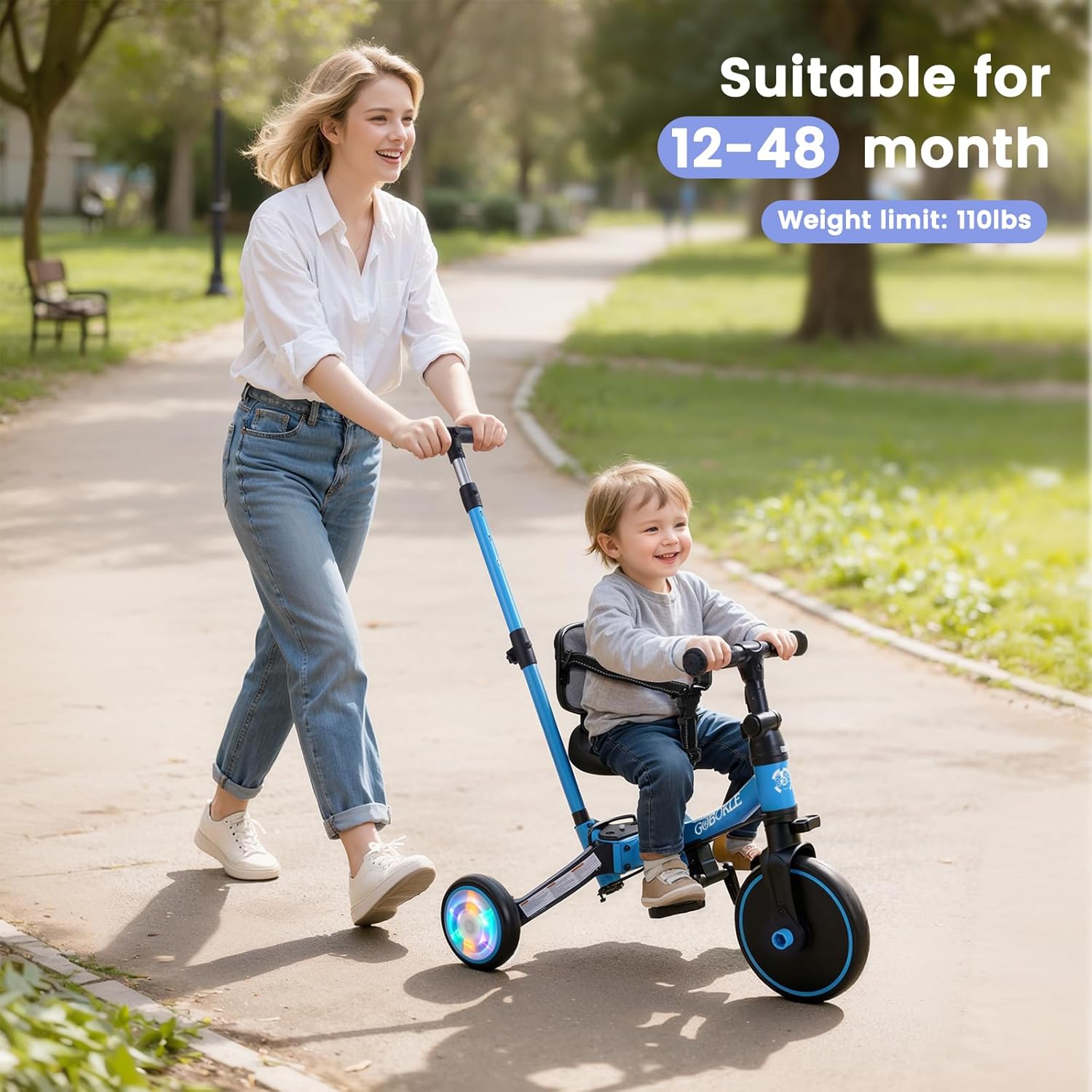 5-in-1 tricycle for toddlers 1-3, convertible toddler bike with push handle & removable pedals, balance bike with colorful lighting wheels, adjustable seat height with backrest(blue)