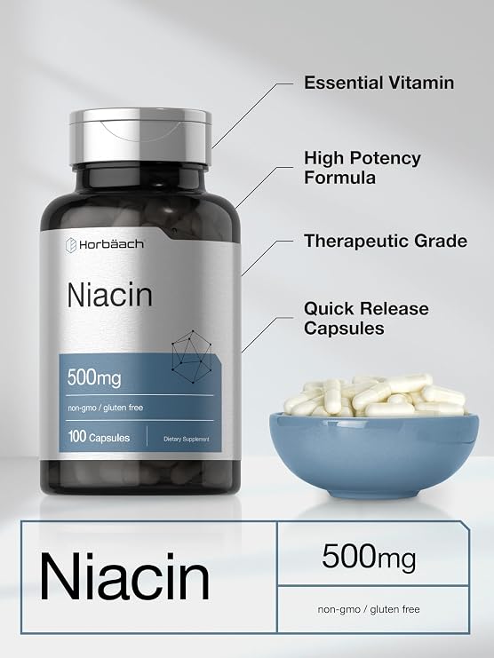 Horbaach Niacin | Vitamin B3 500mg | 100 Capsules | with Flushing