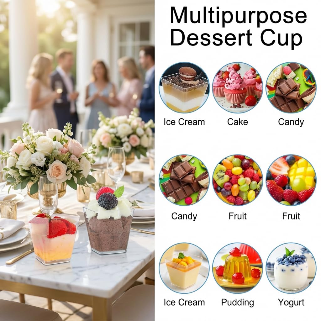 50 Bicchieri da Dessert in Plastica con Coperchio, Coppette Gelato Quadrate Trasparenti, Tazze da Dessert per Monoporzioni, Mini Bicchieri per Dessert Riutilizzabili, Senza BPA per Dessert Fai Da Te