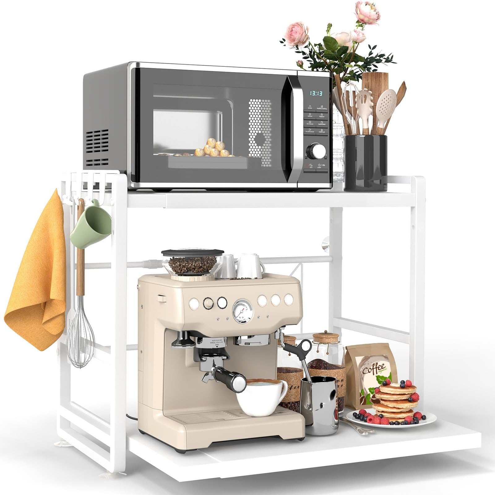 BeSokar Scaffale da cucina a 2 livelli, altezza regolabile e ripiano estensibile con cassetto, in acciaio al carbonio, ganci e ventose di rinforzo, facile da montare, colore bianco