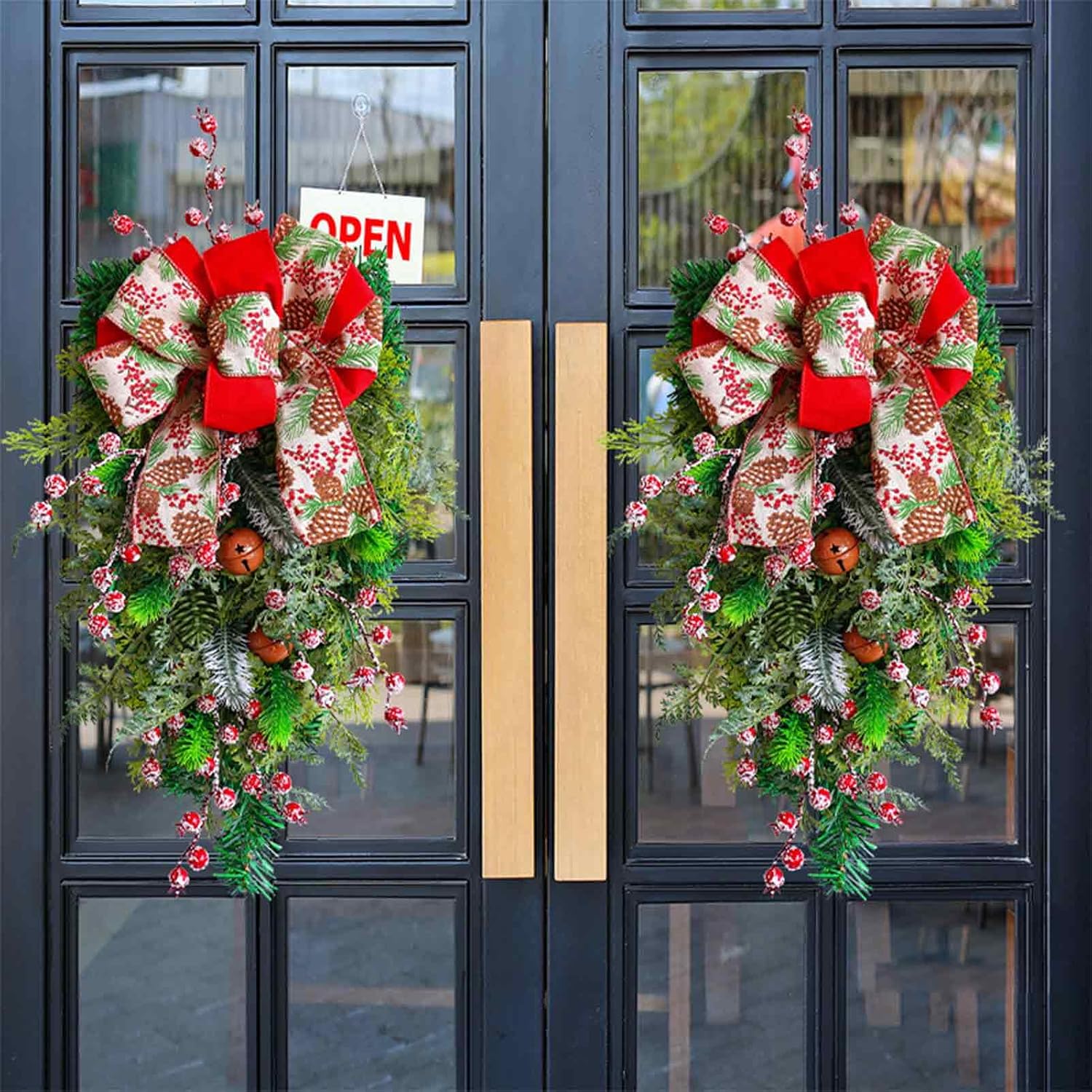 MINGZHE Christmas Teardrop Swag with Red Bow,Decorative Props Pendant Christmas Swags Hanging Decor Artificial Door Swag Christmas Front Door Decorations 50x25 cm
