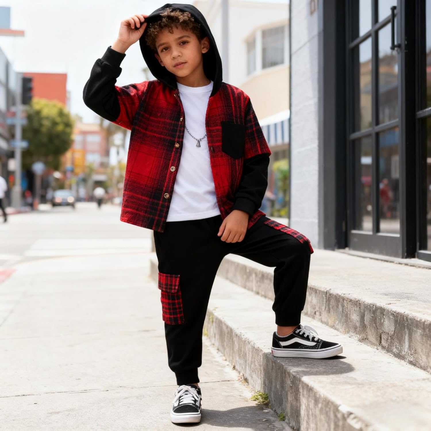 Size 4-11 Years Boys Clothes Flannel Plaid Shirt Hooded Sweatshirt & Pants 3PCS Kids Boys Fall Winter Outfits Sets - Image 2