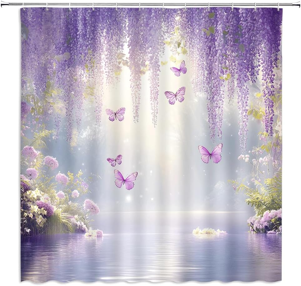 Purple Floral Butterfly Shower Curtain Misty Wisteria Flowers Green Leaves Lake Farmhouse Spring Nature Plant Rustic Fabric Bathroom Decor Curtains with Hooks,70 x 80