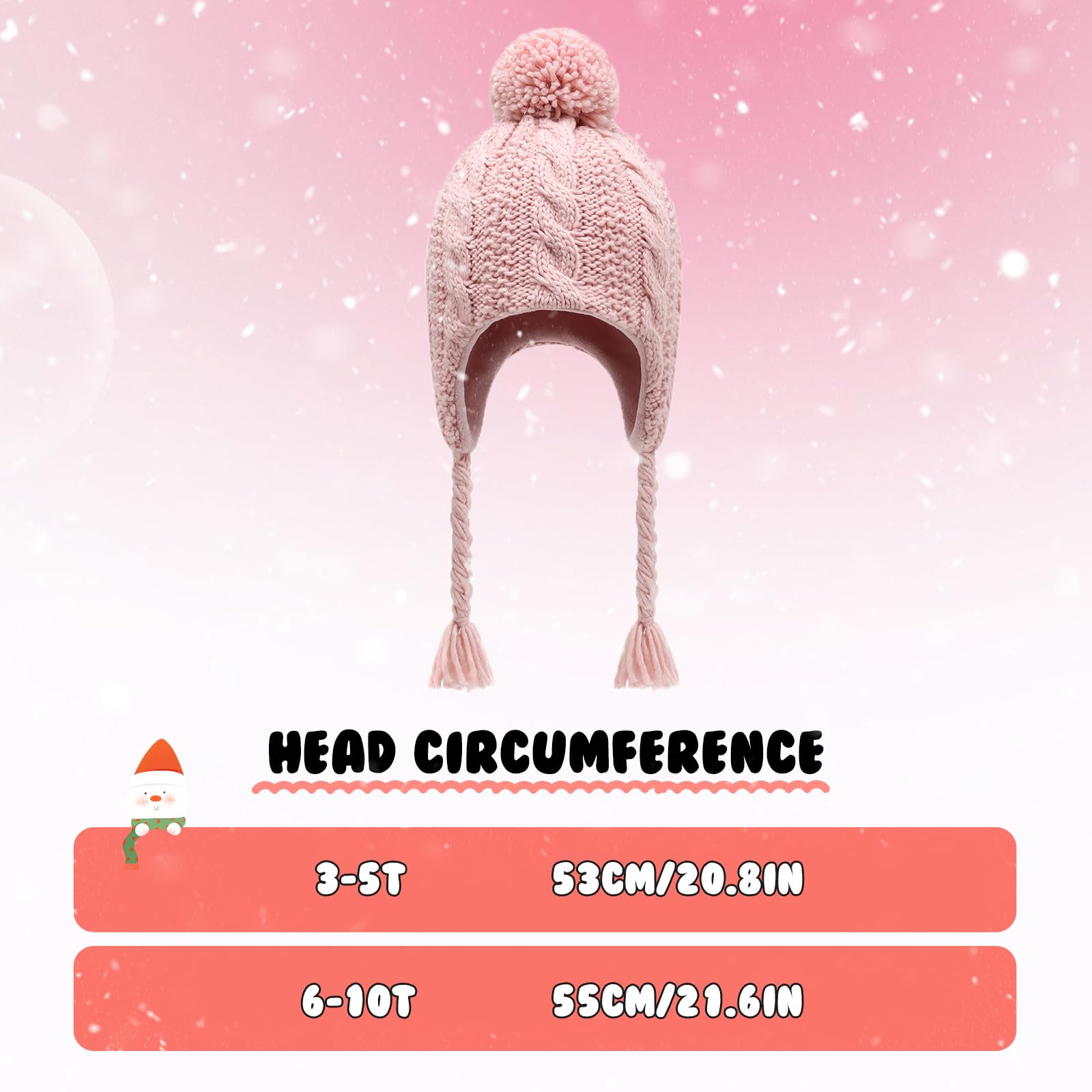Gorro peruano de invierno con solapa para las orejas, forro polar, gorro de punto con pompón para niñas de 3 a 10 años