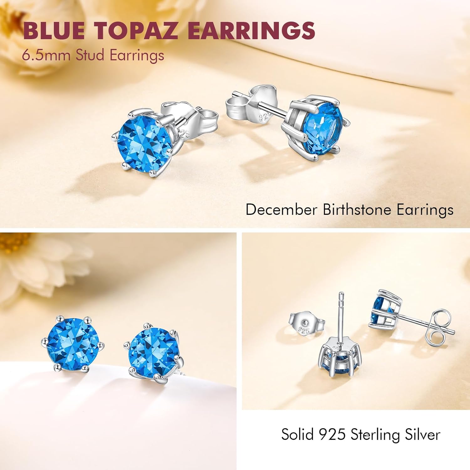 DAYBYDAY 925 Sterling Silver Birthstone Earrings for Women, Crystal Stud Earrings, 6.5mm Round Cut Solitaire Gemstone Earrings Birthday Jewelry - Image 3