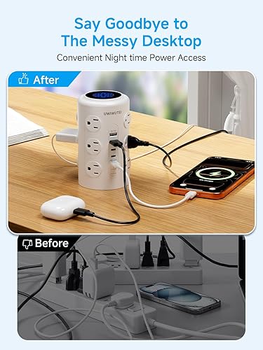 Miniatura 4 de Regleta de alimentación en torre con 1 puerto de carga rápida PD de 20 W, 12 tomas, 5 puertos USB (3 USB-C), protector de 1800J, estación de carga