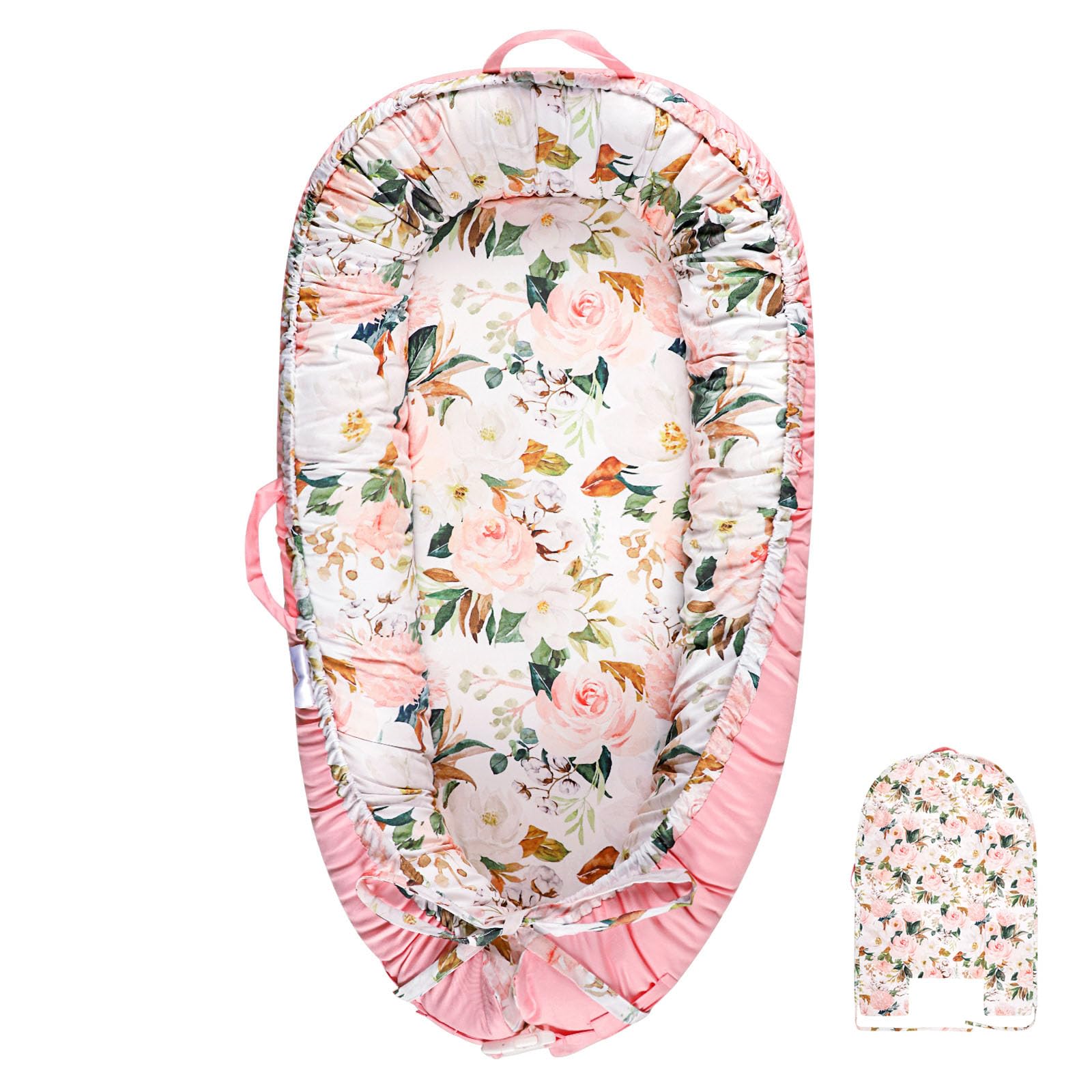 DILIMI Baby Lounger Cover, Cotton Baby Nest Replacement Cover for Girls Boys, Soft Breathable Reversible Newborn Lounger Cover, Pink Floral (Only