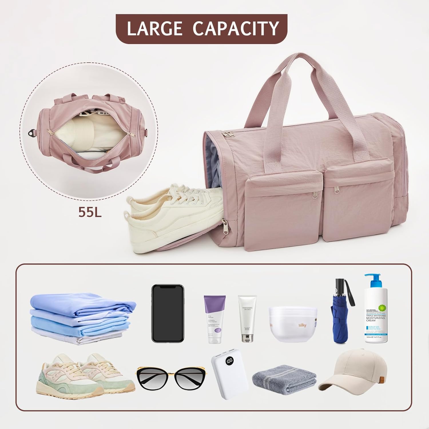 Travel Duffle Bag, Gym Bag for Women with Shoes Compartment, Weekender Overnight Duffel Bag with Wet Pocket for Traveling, Sport, Vacation (Pink) - Image 2