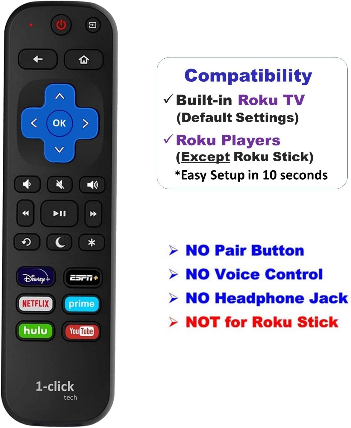 1-clicktech for【Roku TV & Roku Box】 Remote Control - TCL Hisense ONN Sanyo Sharp Hitachi Element Insignia Westinghouse LG JVC Magnavox Roku TV, w/ 12 Opt. Channels [NOT for Stick] (2 Pack Remote)