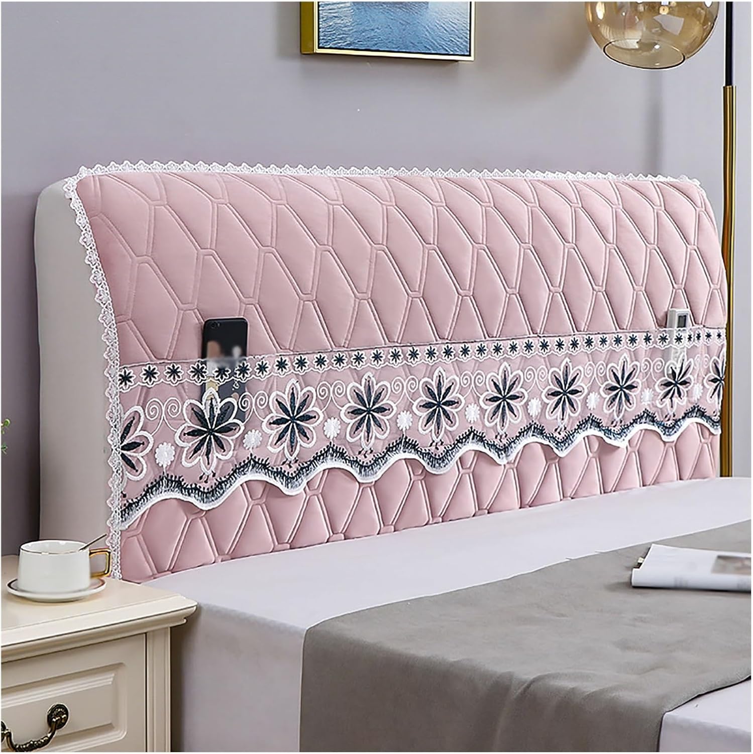 Velvet Headboard Cover,Soft Removable Bed Headboard Slipcover,360° Fully Wrapped Stretchheadboard Slipcover,Headboard Covers with Storage Pockets for Bedroom Decor(Pink,74.8in)
