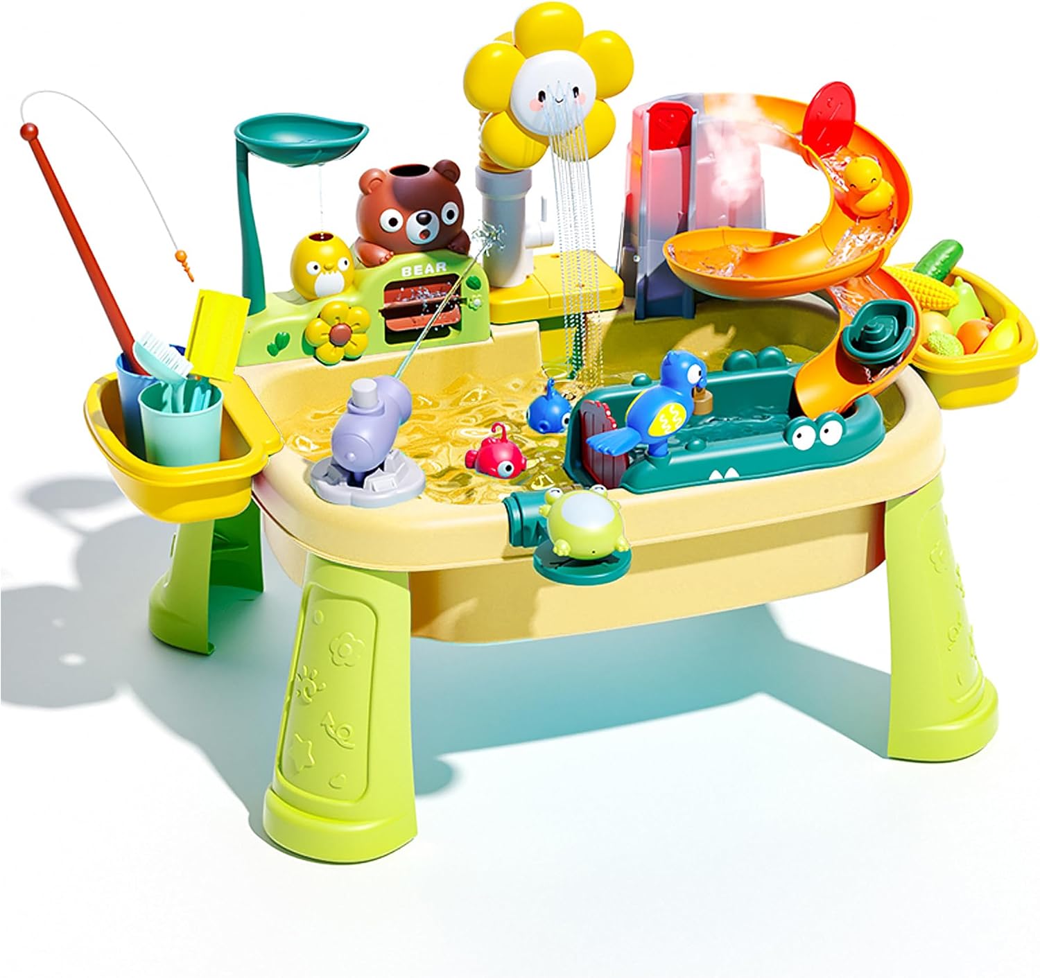 2026 Upgrade Water Table for Toddlers 1-3, Kicthen Play Sink with Pump, Fishing Games, Kids Water Sand Activity Sensory Beach Outdoor Toys, Yellow
