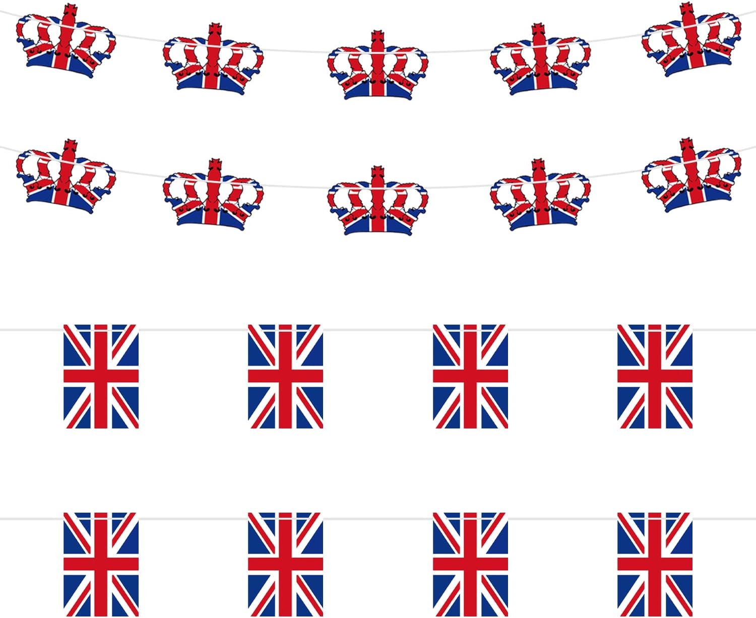 10 x Crown Pull Flags, 8 x Square British Flags, King Coronation Decorations, 6 m Crown Party Decoration Banner for Celebrating Royal Celebrations