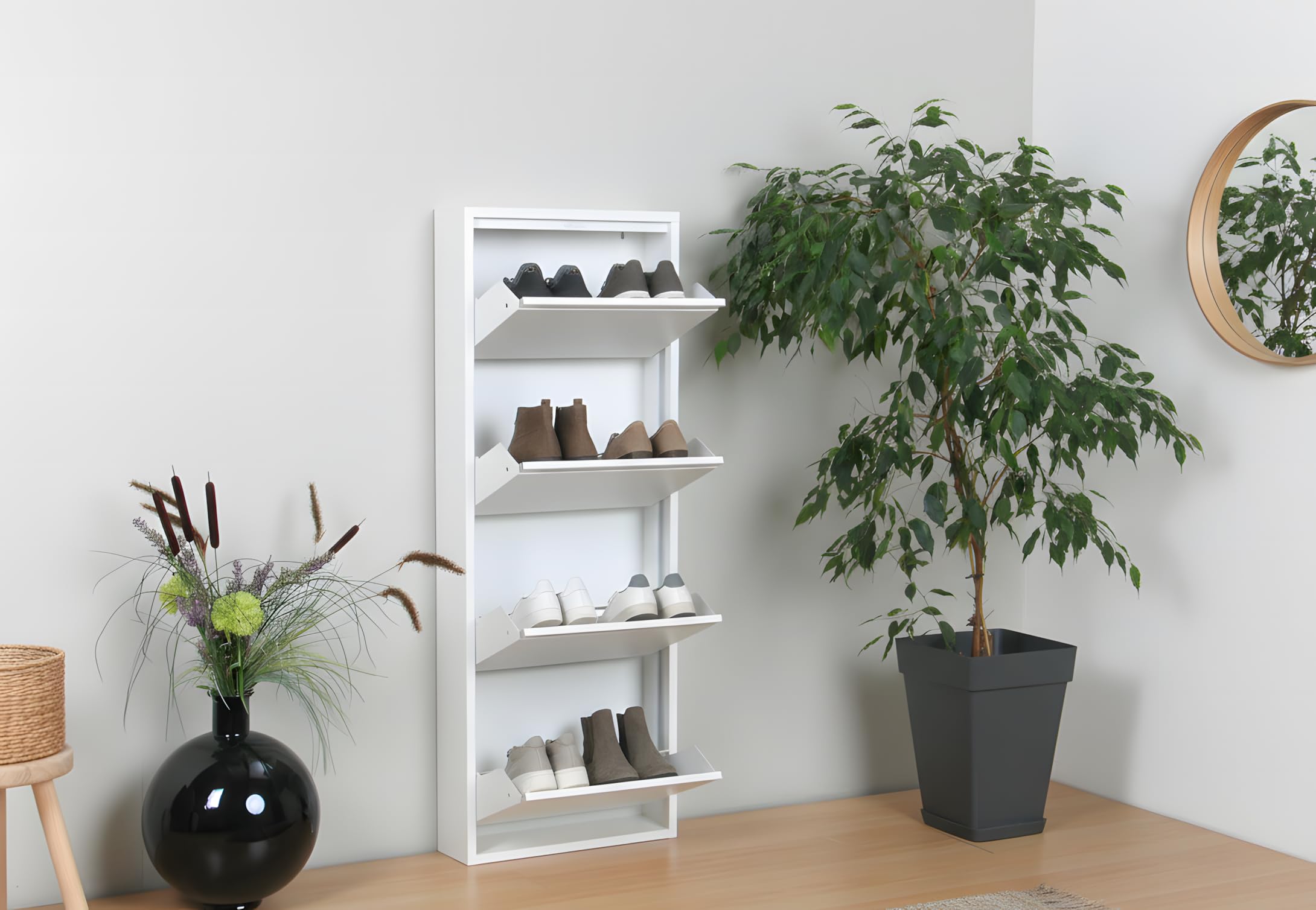 Dynamic24 Pisa 4 Klappen weiß – Schuhschrank – B50 x H140 x T16 cm – Metall pulverlackiert – Klappbar/faltbar – modern – für Flur & Eingangsbereich – ideal für schmale Flure Küche, Haushalt & Wohnen