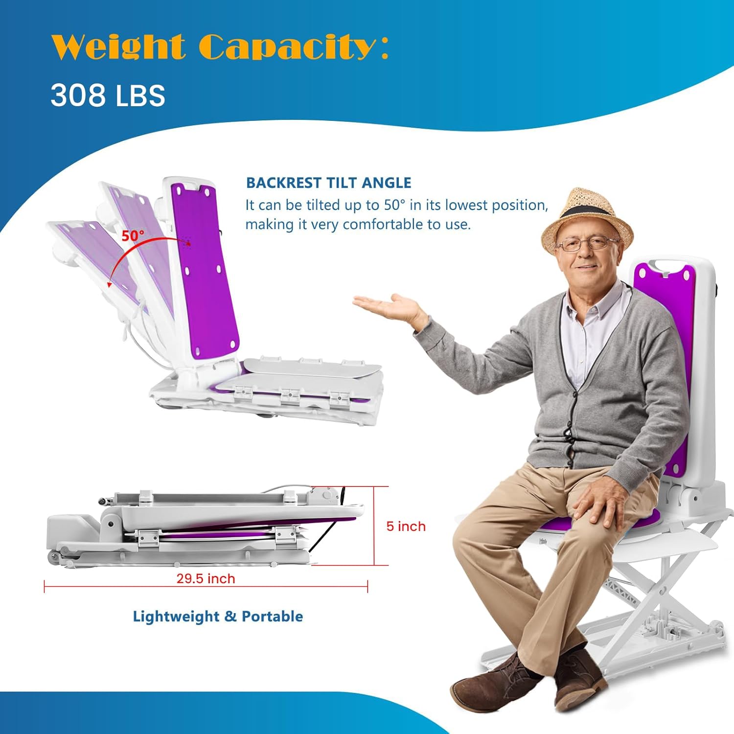 SUNDERWELL Electric Chair Lift for Elderly, 24 lbs Lightweight Floor Lift for Elderly Falls with 360°Swivel Seat, Bath Lift Chair for Tub 308 lbs Capacity, IPX8 Waterproof & Remote Control (Purple)