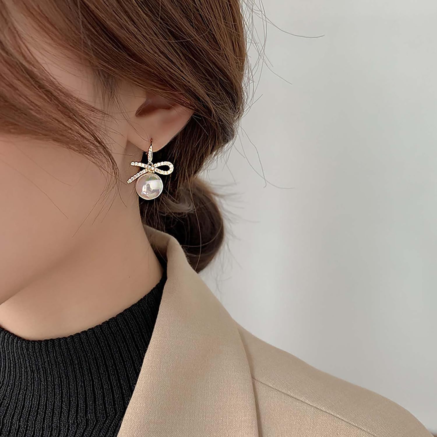 Boho Bow Pearl Drop Earrings Gold Crystal Bow Earrings Ribbon Bow Pearl Earrings Large Pearl Dangle Earrings Jewelry for Women - Image 2