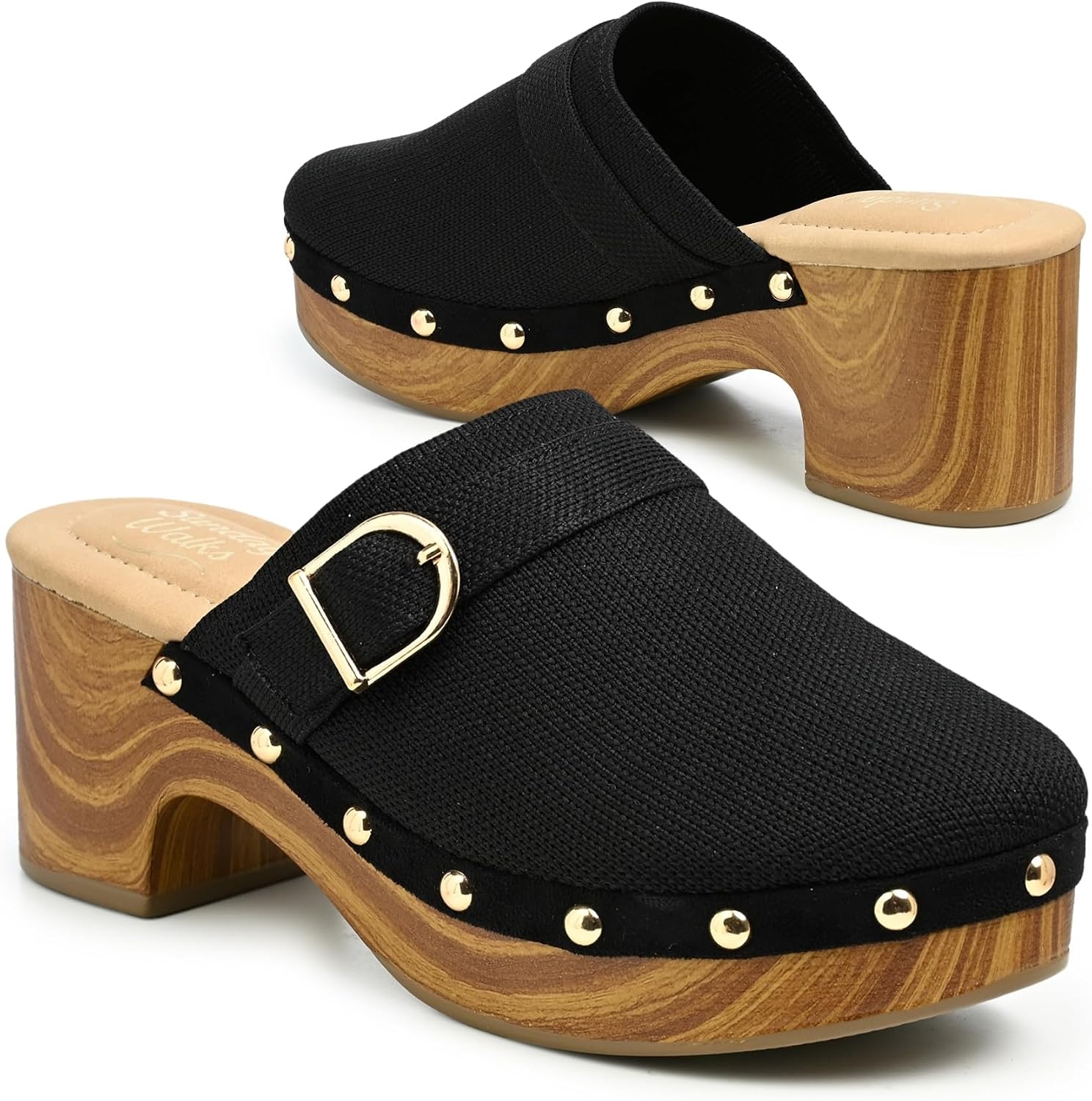 Women’s Clog Mule Heels – Slip-On Buckle Mules with Woodgrain Block Heel & Studded Trim for Everyday Wear- Razie