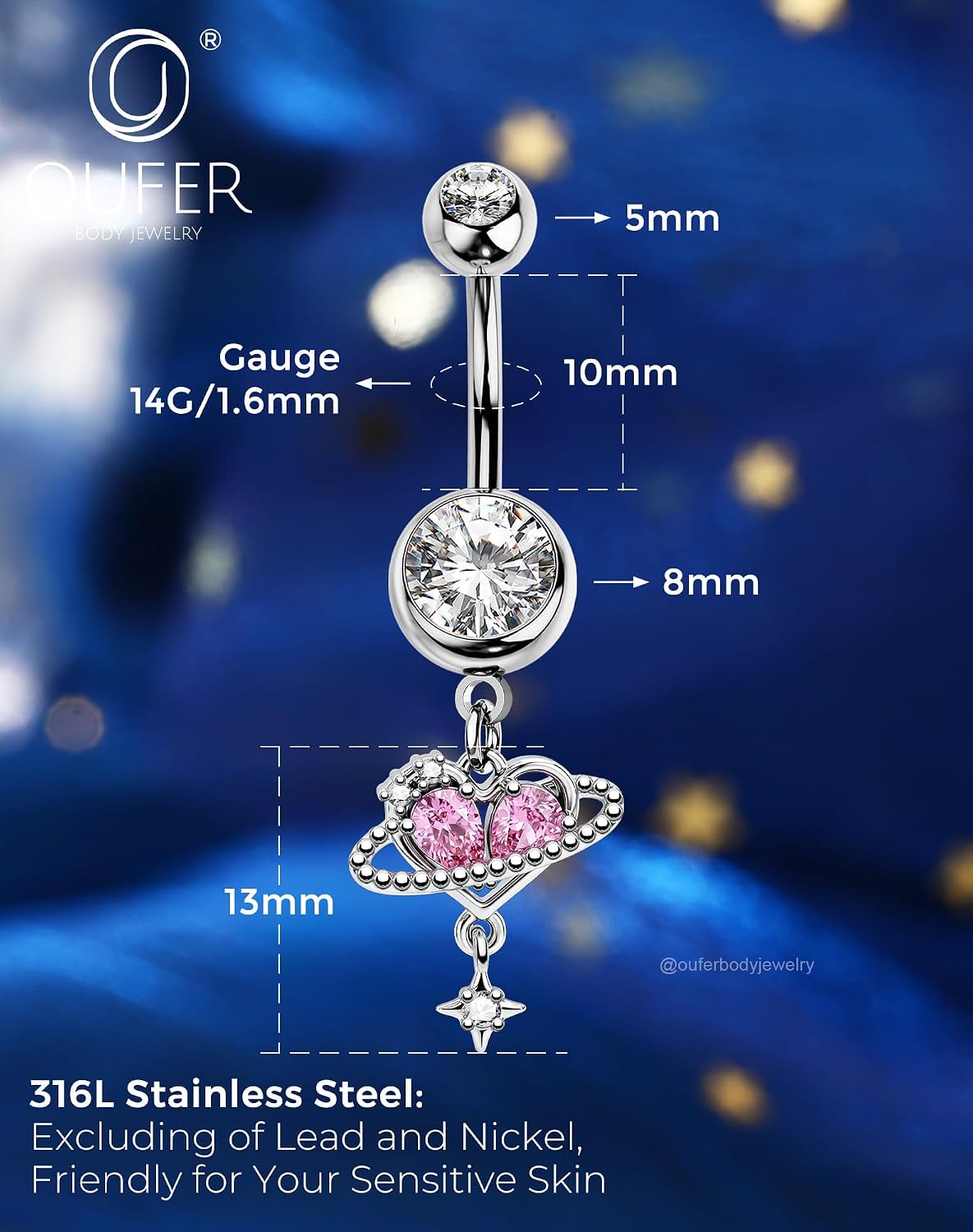 OUFER 14G Navel Piercing Jewelry, Heart Sparkling Dangle Belly Button Ring