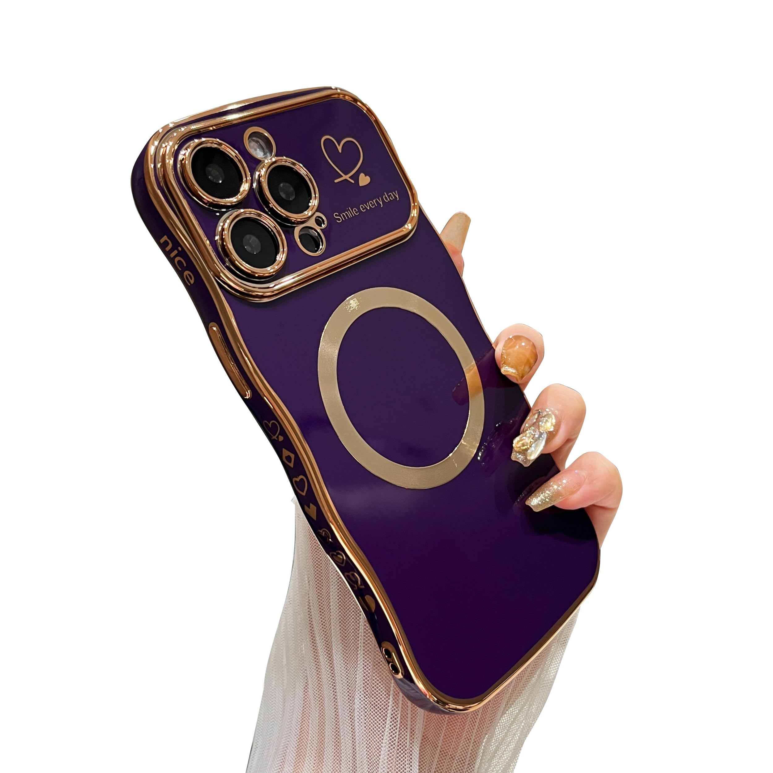 DEFBSC Magnetic for iPhone 14 Pro Max Case [Full Camera Protection][Fit for Magsafe] Cute Curly Wave Frame Love Heart Case, Plating Soft Durable TPU