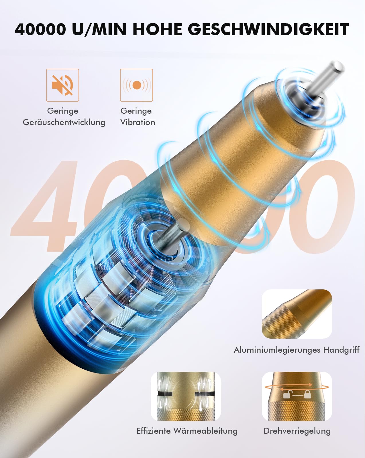 HOMEASY Nagelfräser 40.000 U/min Profi. Tragbar Fräser Nägel Elektrische Nagelfeile Wiederaufladbare Fräser für gelnägel Nagellack Maniküre Set mit 6 Nagel Bits LCD Anzeige F/R Richtung Gelb Blau