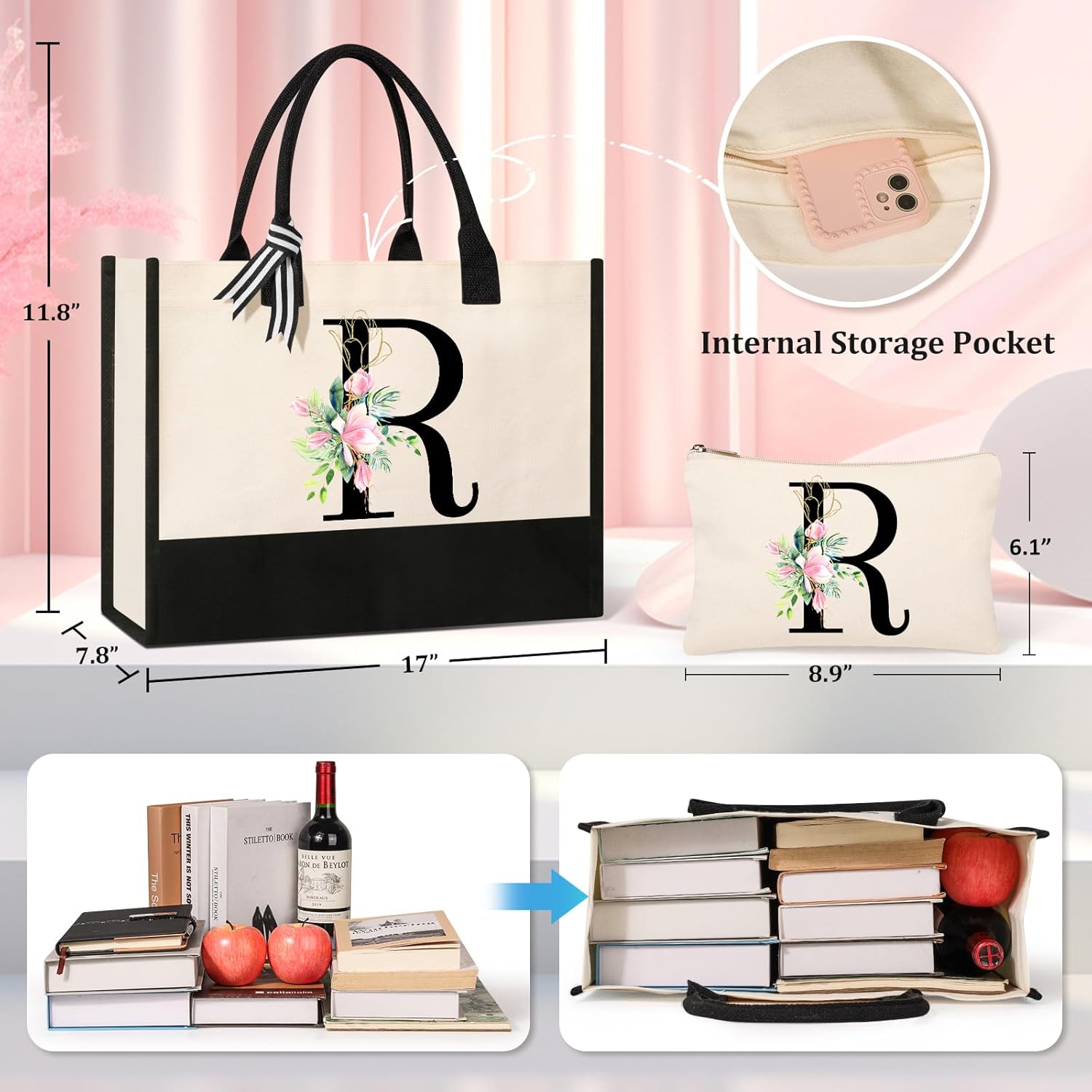 AYGE Personalized Initial Canvas Beach Bag Cosmetic Bags, Tote Bag, Makeup Bag, Gifts for Sister Mom Teacher Bridesmaid - Image 4