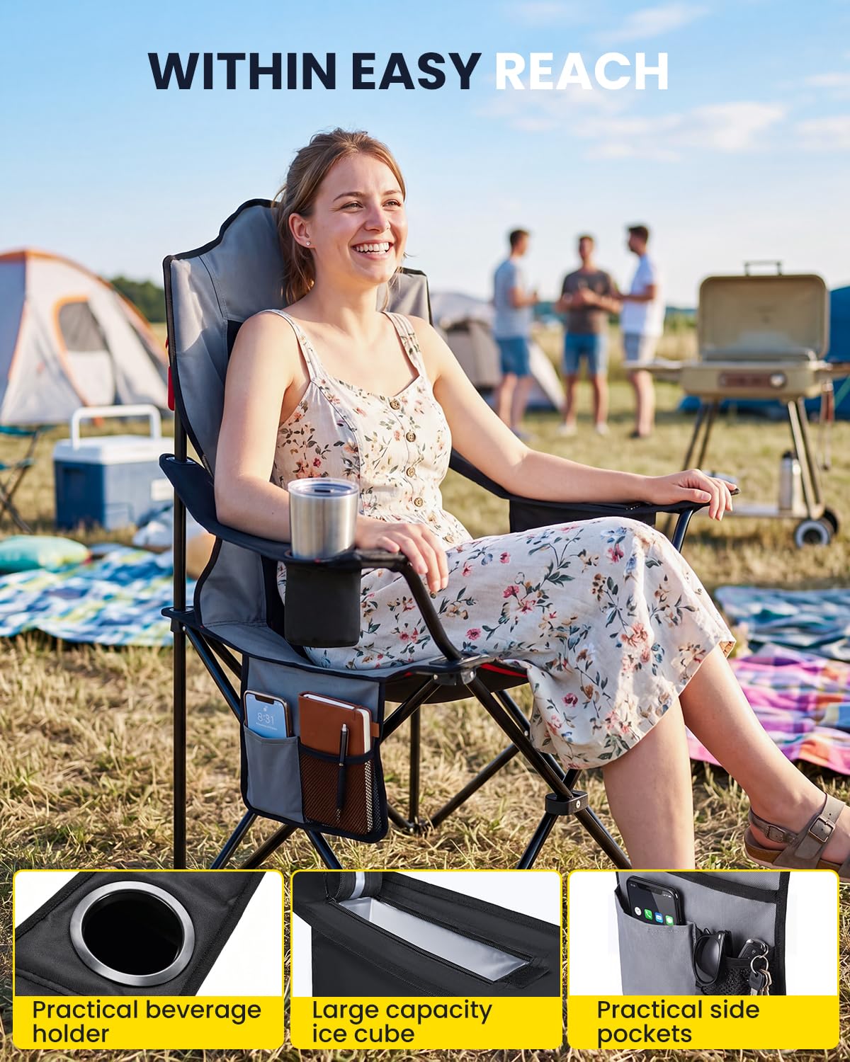 YEAUPE PRO Silla de Camping Plegable y Acolchada,Respaldo Alto,hasta 150 kg | Sillas de Pesca Extra Cómoda, con Bolsa Térmica, Portavasos y Bolsa de Transporte, para Camping, Playa, Festivales