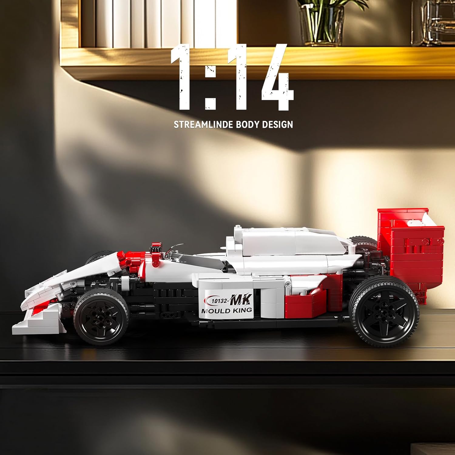 Mould King 10132 Formula Racing Car model with dimensions overlay