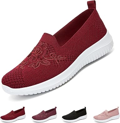 TYSMGOEL Womens Knitted Embroidery Casual Walking Sneakers,Lightweight Breathable Mesh Slip On Loafers,Comfortable Soft Sole Non-Slip Driving MoM Shoes