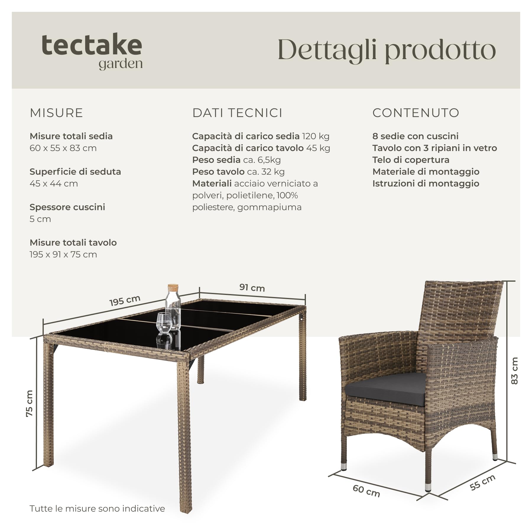 tectake® Set Mobili Giardino 8 Sedie 1 Tavolo Cuscini Morbidi Poli Rattan Naturale/Grigio Scuro