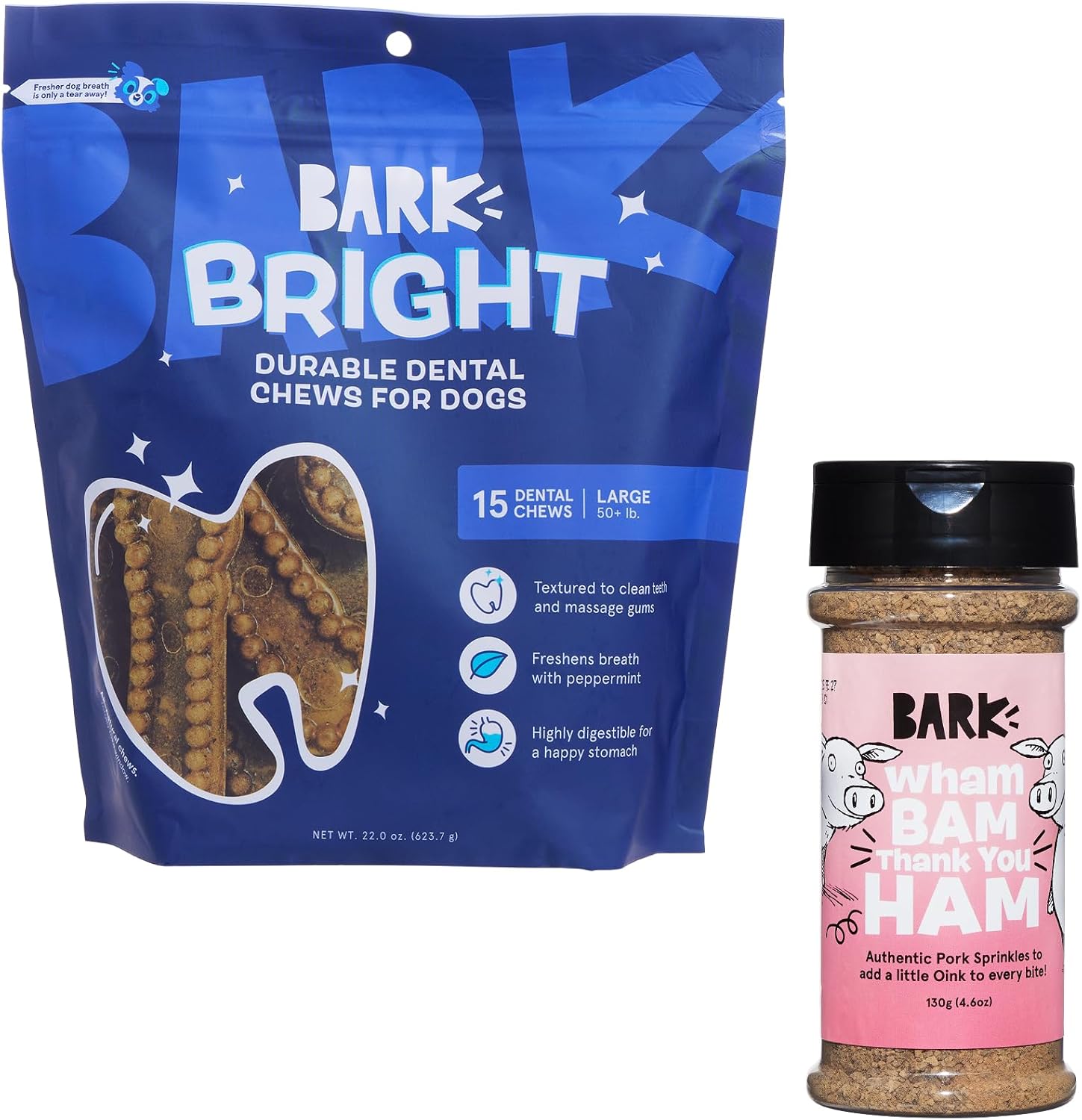 Barkbox Dog Dental & Meal Topper Bundle – Bright Durable Large Breed Dental Chew Sticks (15 Chews) with Pork Shake & Pour Food Topper