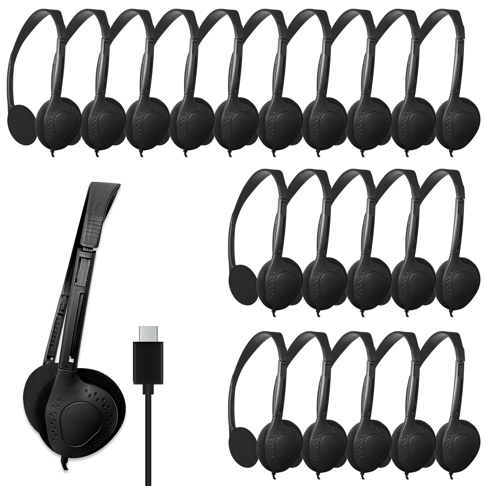 Auriculares USB-C a granel, paquete de 20 adecuados para aula, escuela, niños y adolescentes, auriculares USB tipo C compatibles con almohadilla y teléfonos inteligentes (negro)