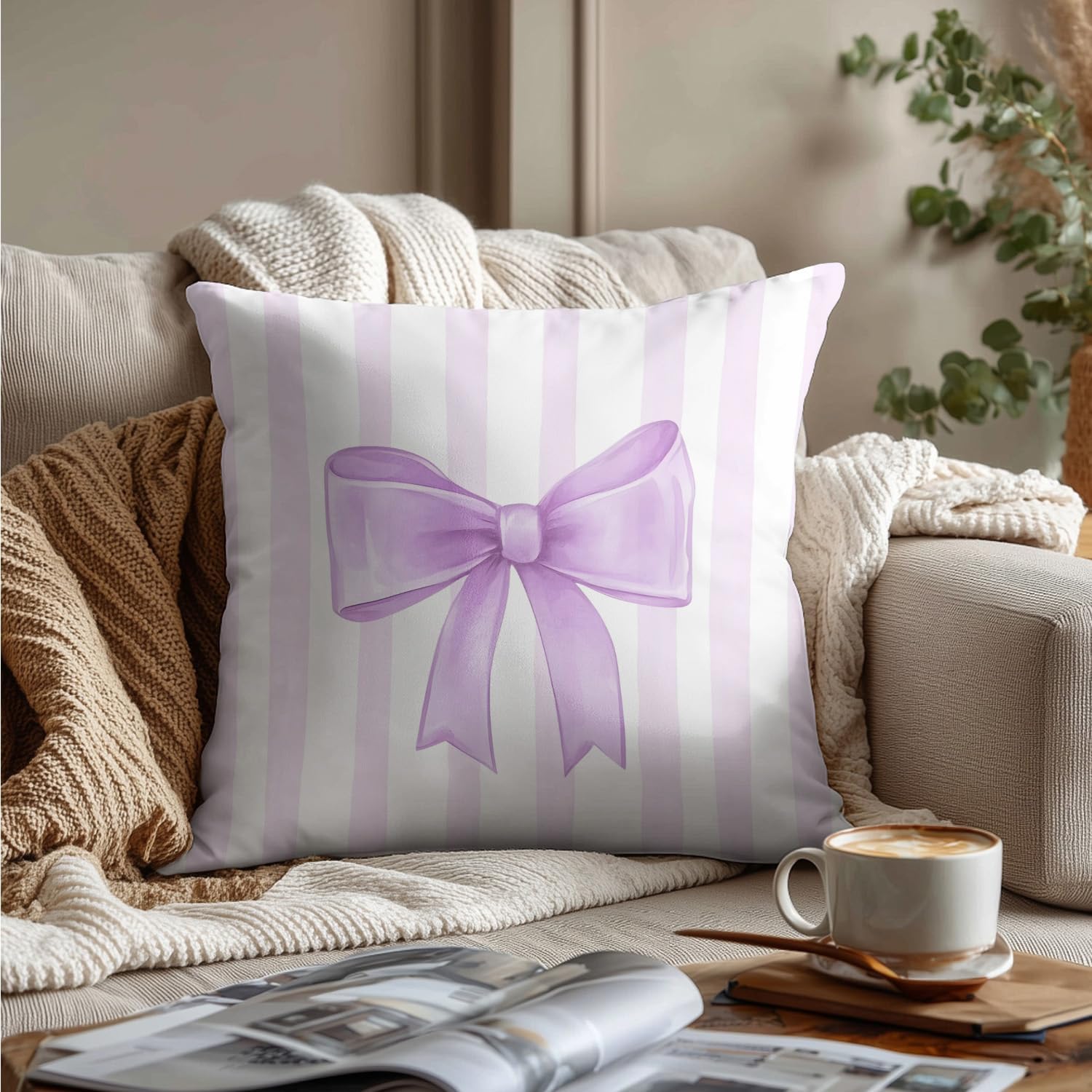 Lavender Bow Decorative Throw Pillow 18x18 Inch – Cute Blush Pink Striped Pillow Cover for Girls Room, Baby Nursery, Sofa or Bedroom Decor image 3