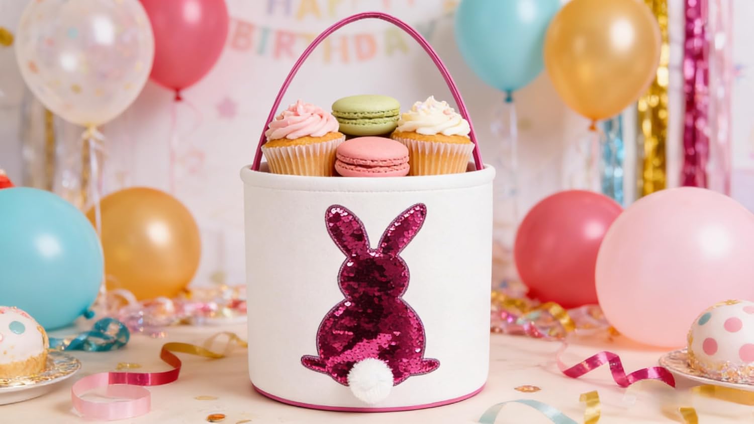 4 Pieces Easter Bunny Basket for Kids, Canvas Cotton Egg Hunt Buckets with Fluffy Tails, Reusable Rabbit Tote Bags for Girls Boys, Multi-Color Easter Party Decor & Gift Storage (Glitter Flip Bunny)