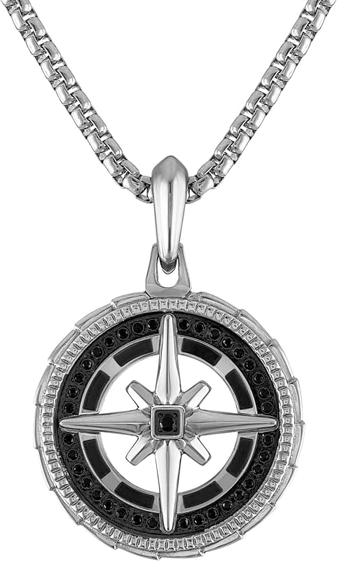 Bulova Jewelry Men's Marine Star Stainless Steel with Black Diamonds Compass Pendant, Stainless Steel Rounded Box Link Chain,Length 24"-26", Style: BVP1061-SBSTAA